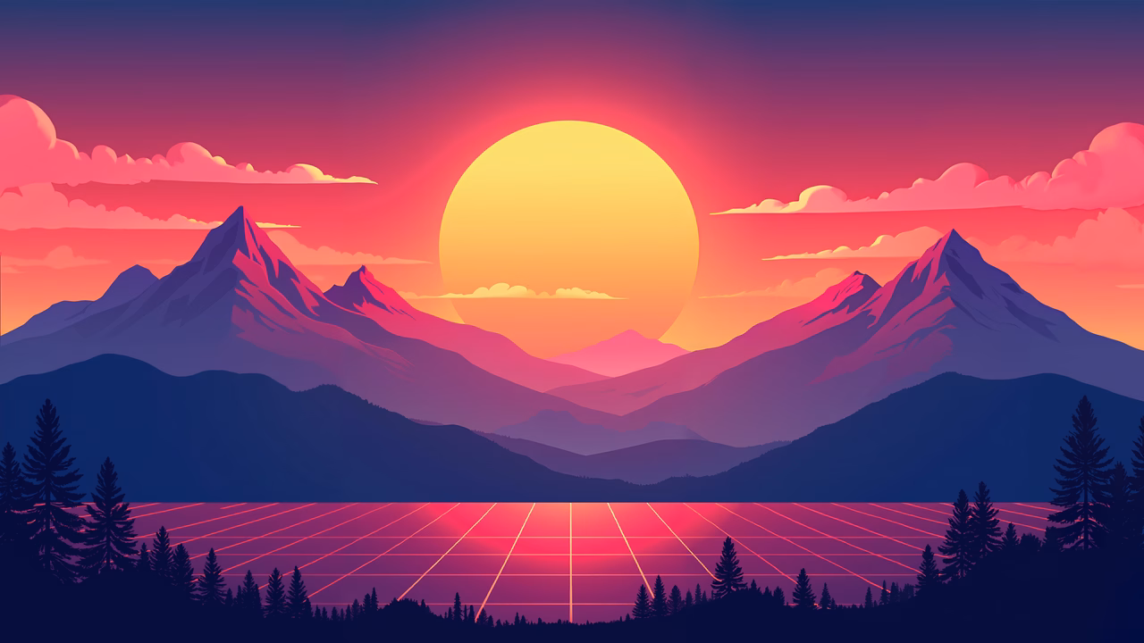 A tranquil retro-futuristic landscape with a sunset and neon grid.