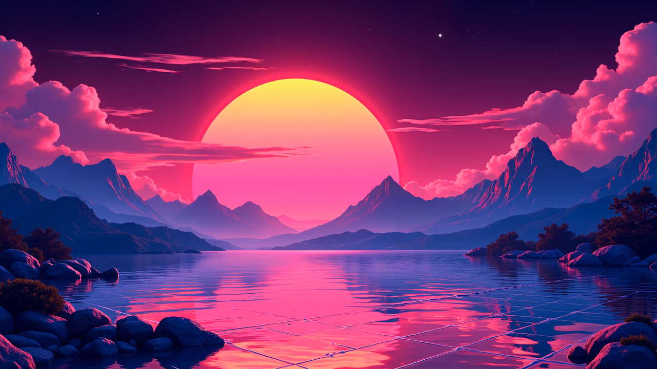 A retrowave-inspired sunset scene with vibrant colors and reflective water.