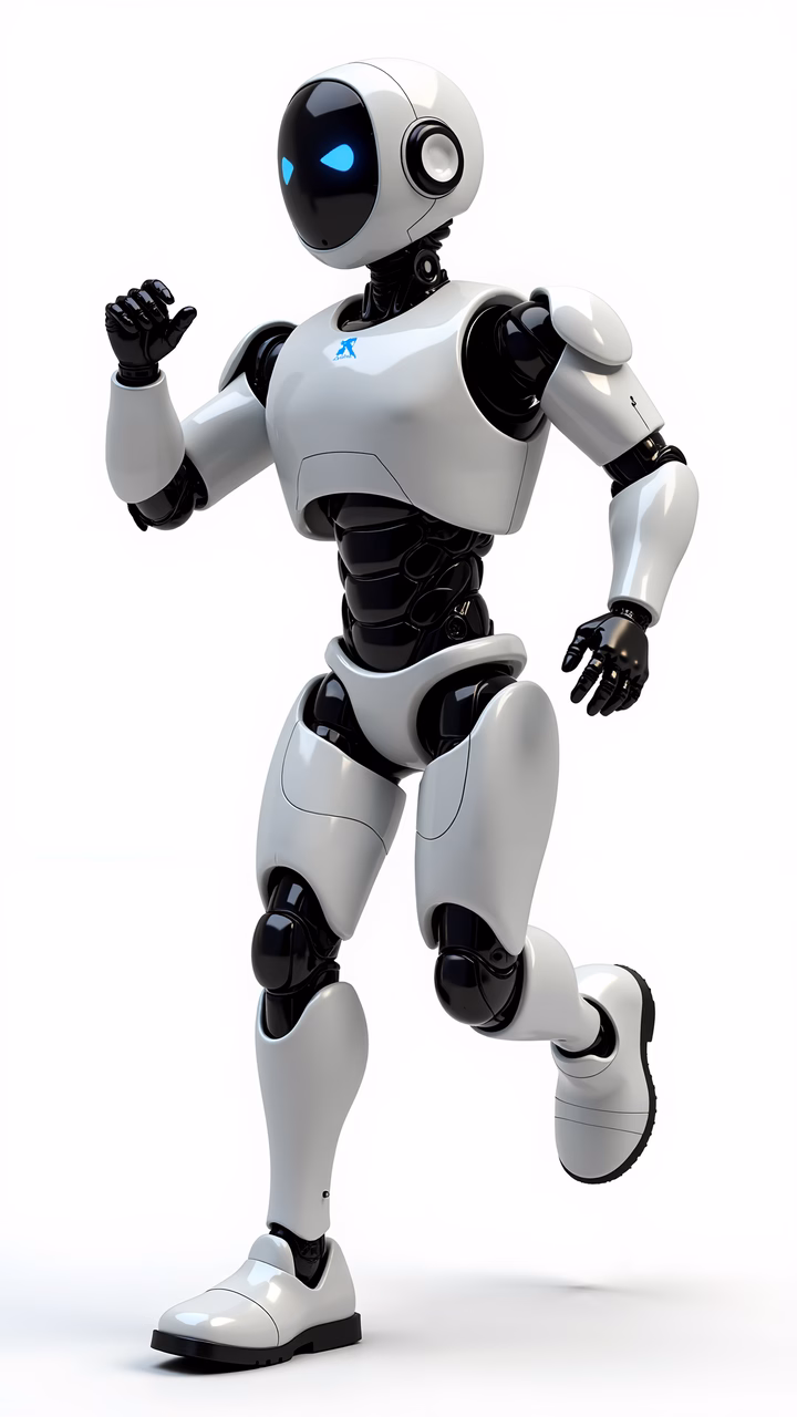 A dynamic, futuristic robot in motion, showcasing advanced technology and human-like design.
