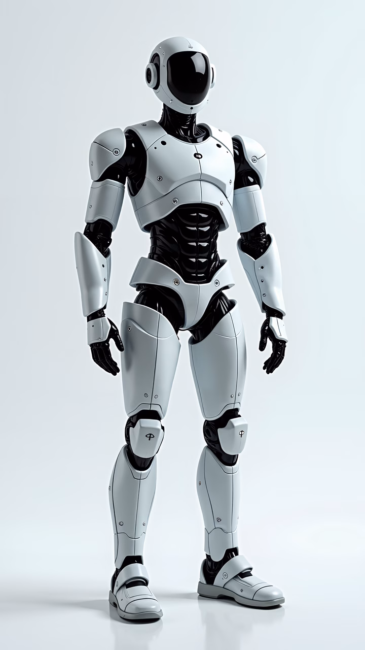 Detailed illustration of a futuristic robotic soldier in white and black armor.