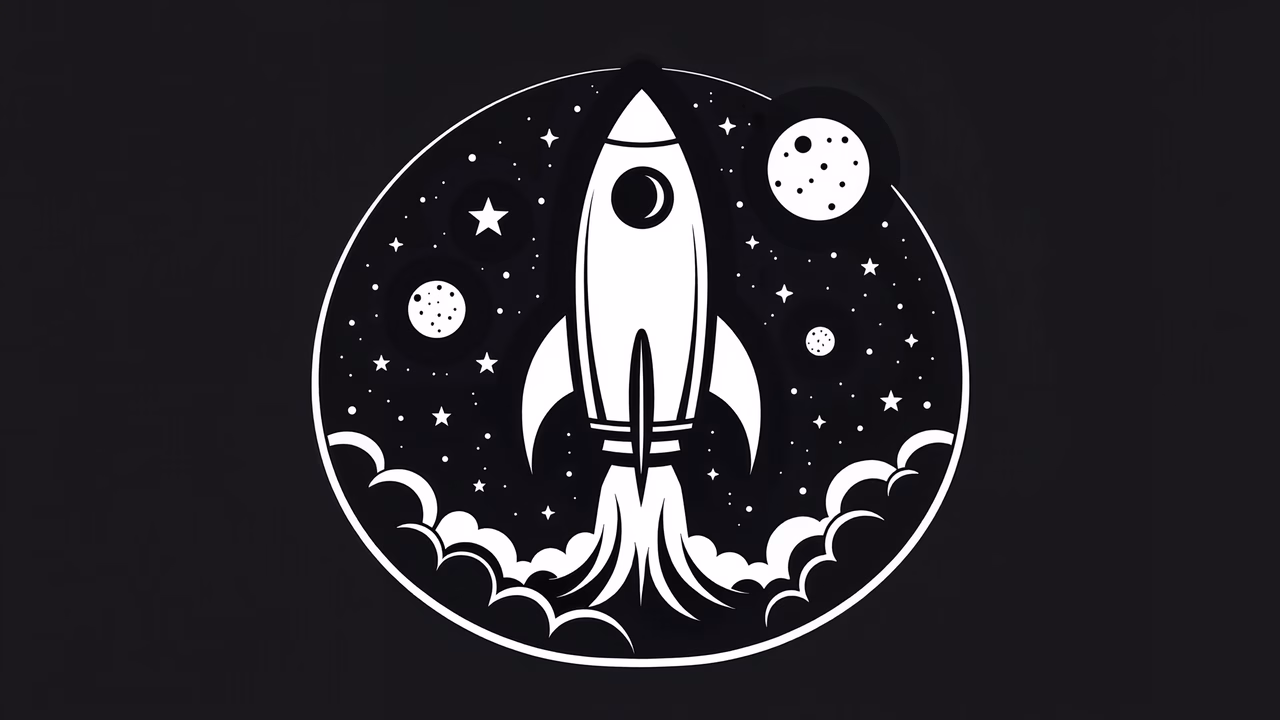 Minimalist black-and-white illustration of a rocket launch, symbolizing space exploration and adventure.