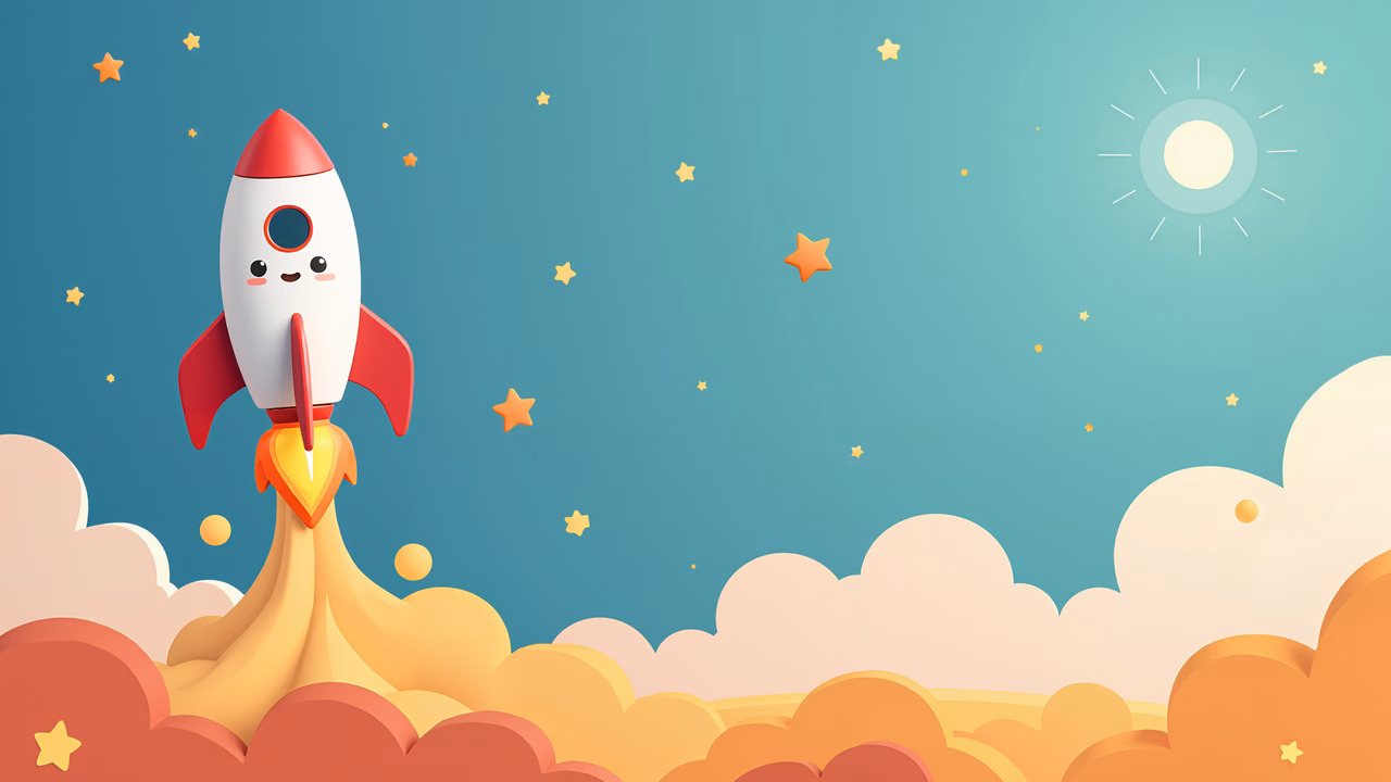 A cute rocket ship taking off into a starry sky, symbolizing adventure and exploration.