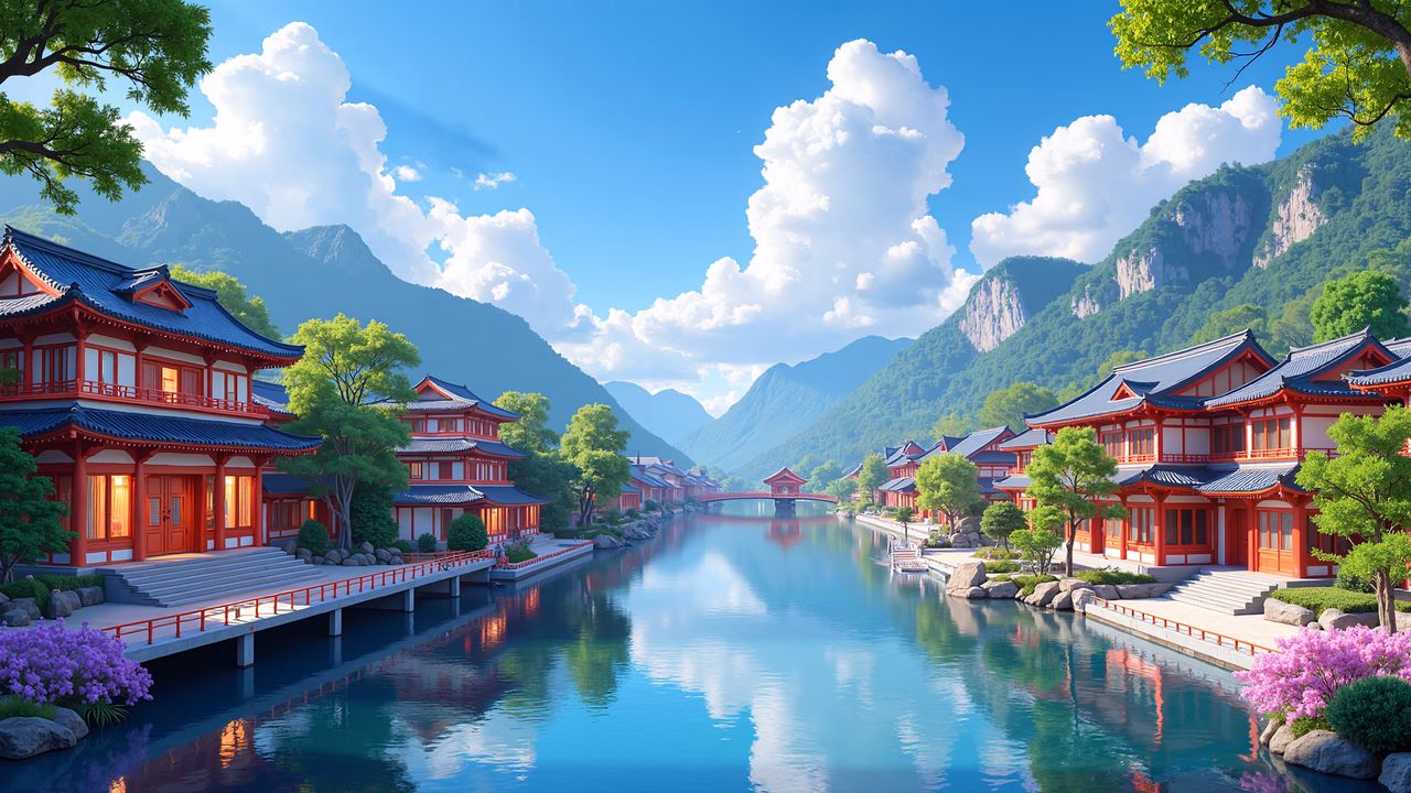A serene ancient village with traditional red buildings reflecting on a calm river under a clear blue sky.