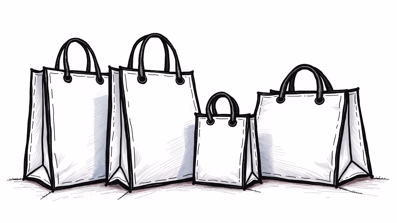 Minimalist illustration of shopping bags in black and white.