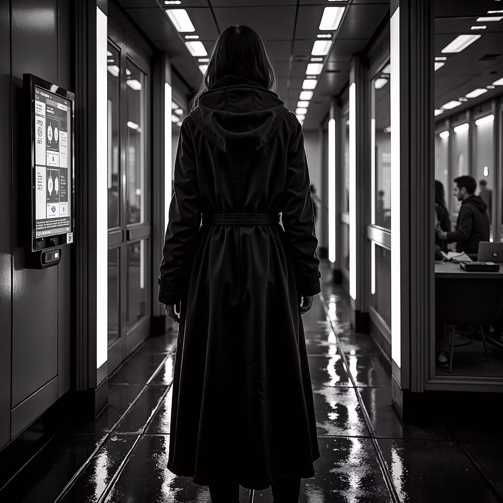 Solitude in a modern, dimly lit hallway.