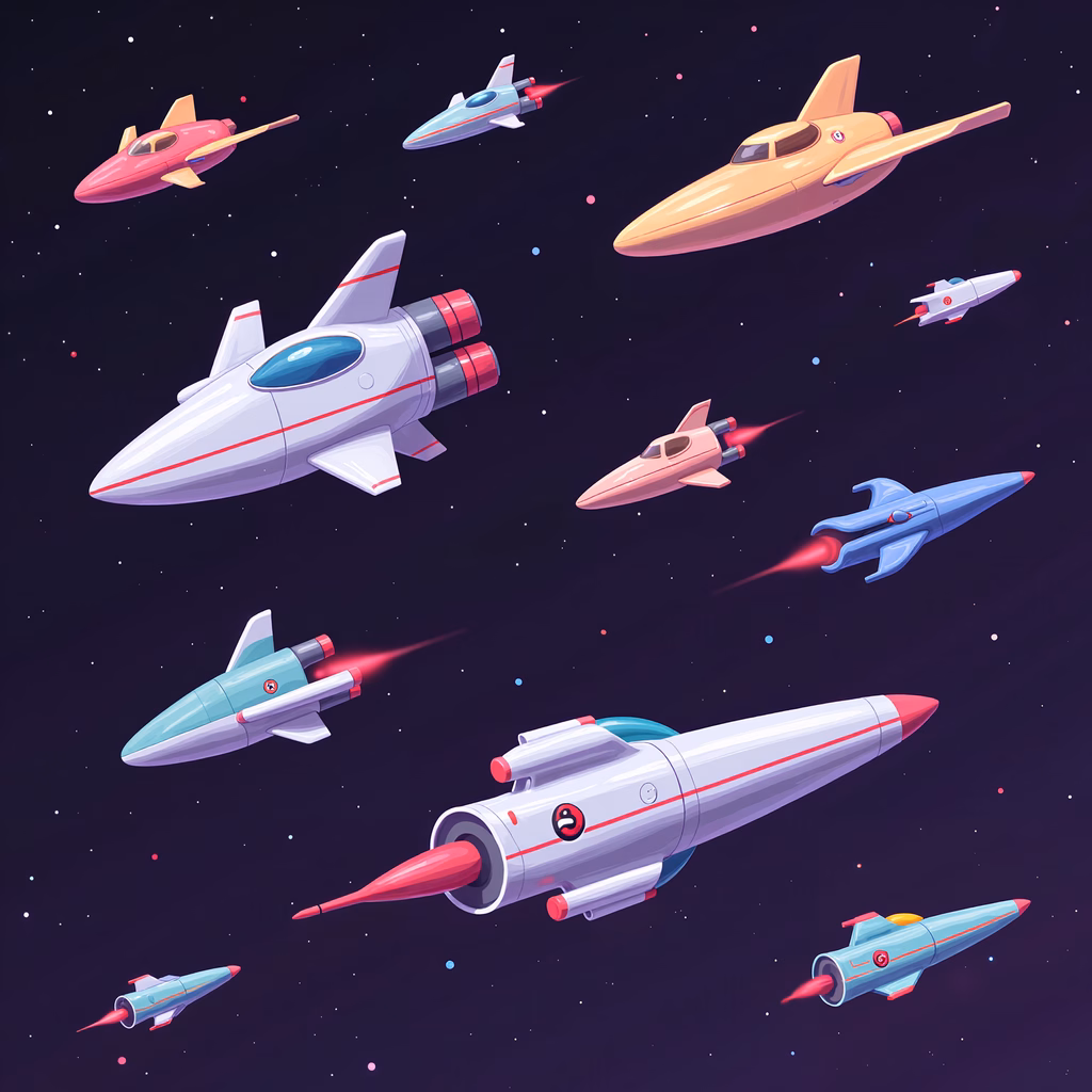 Vibrant space rockets against a starry night sky, showcasing futuristic designs and cool tones.