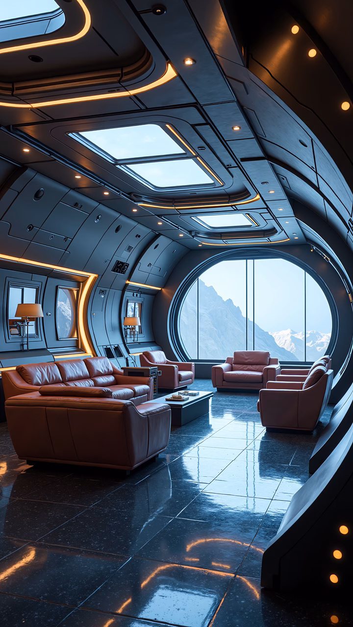 Futuristic lounge inside a spacecraft with a cozy, high-tech vibe.