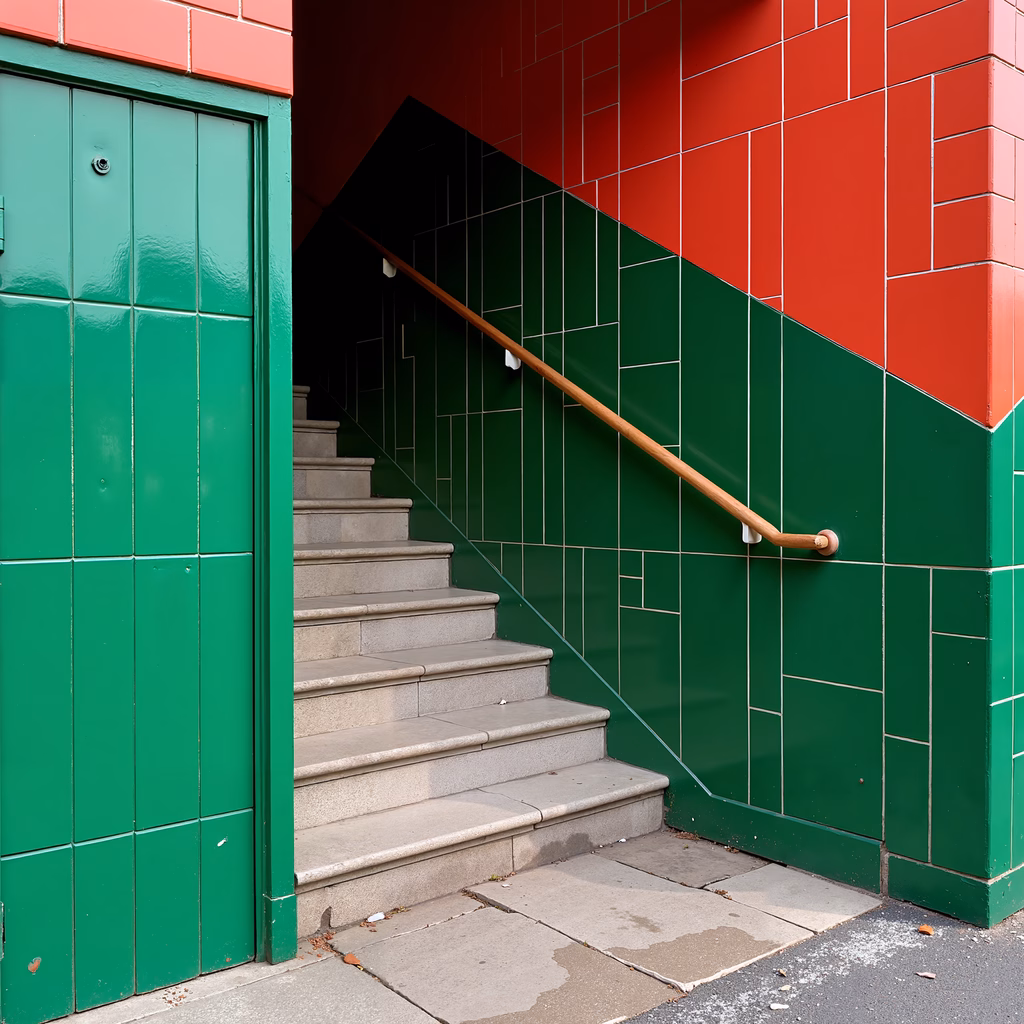 Bold red and green tiled staircase, modern architecture, clean design, vibrant colors