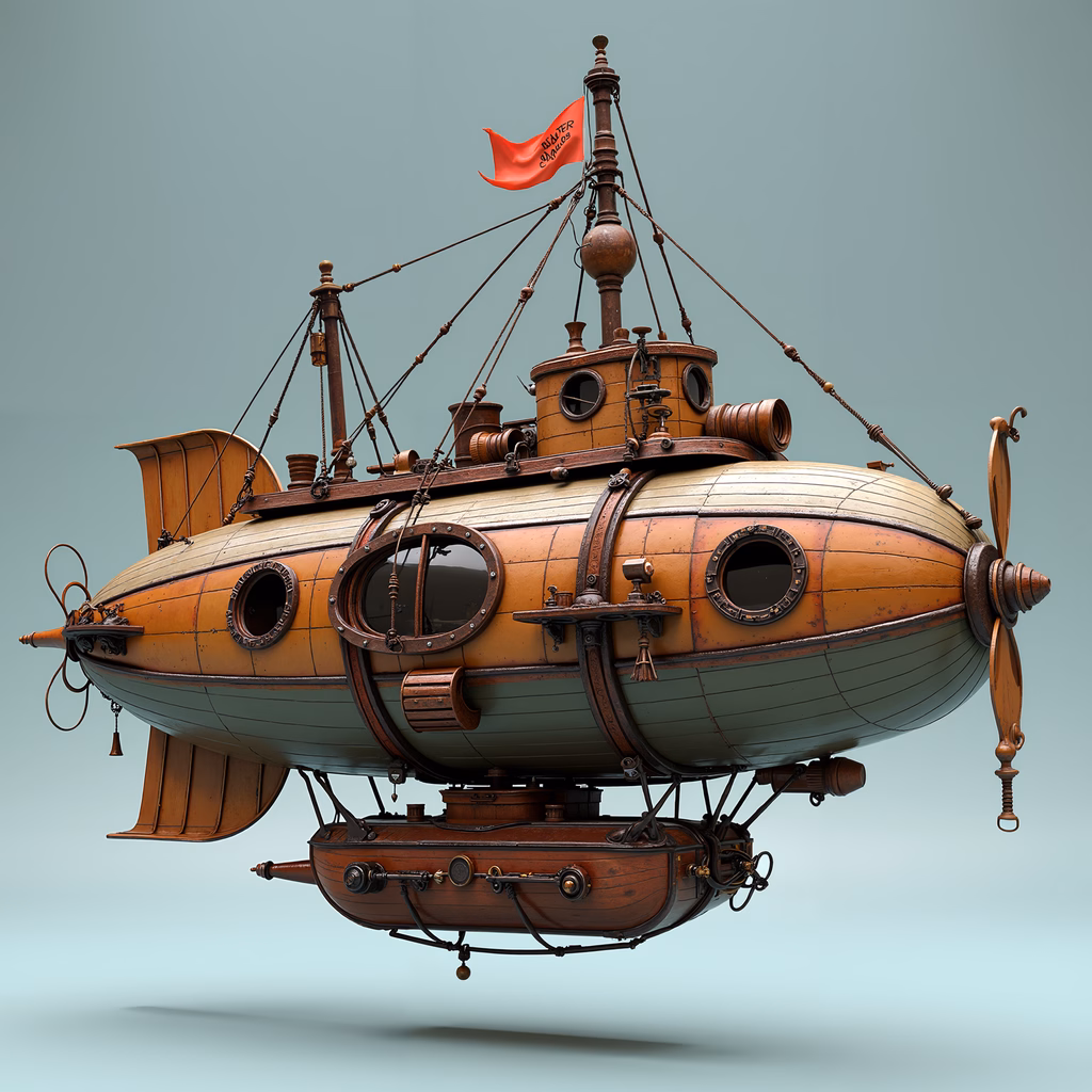 Detailed steampunk airship with intricate design and vibrant colors.
