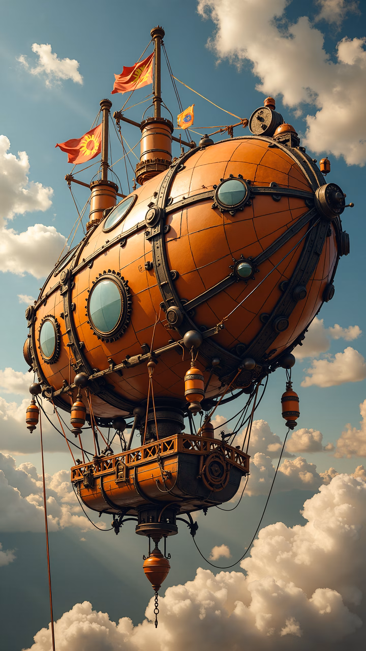 A steampunk airship soaring through a serene sky, blending Victorian engineering with fantasy.