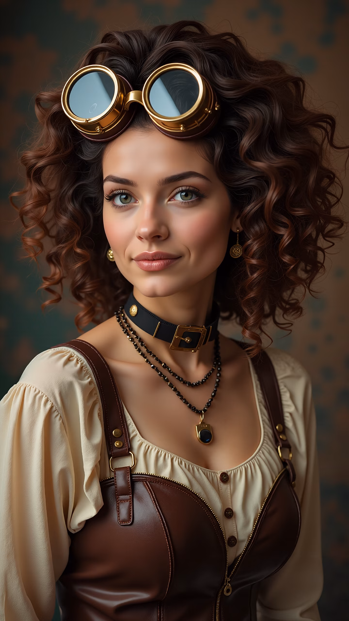 A steampunk-inspired portrait featuring a woman with goggles and intricate jewelry, set against a vintage backdrop.