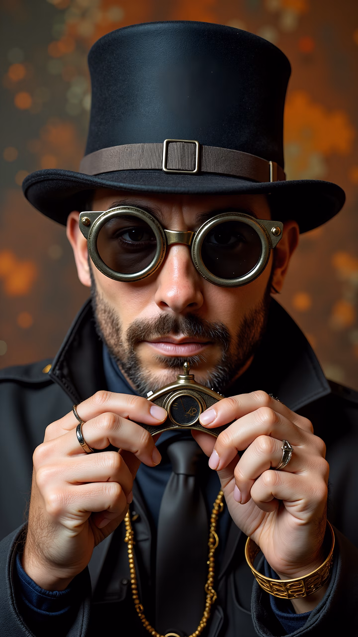Steampunk gentleman in vintage attire with pocket watch, evoking Victorian charm and industrial futurism.