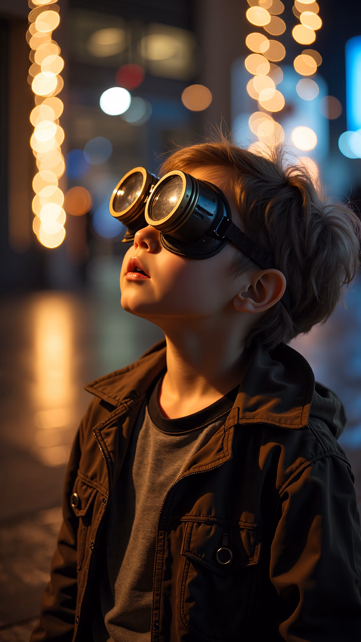 Young boy in steampunk goggles exploring a mysterious, warmly lit environment.