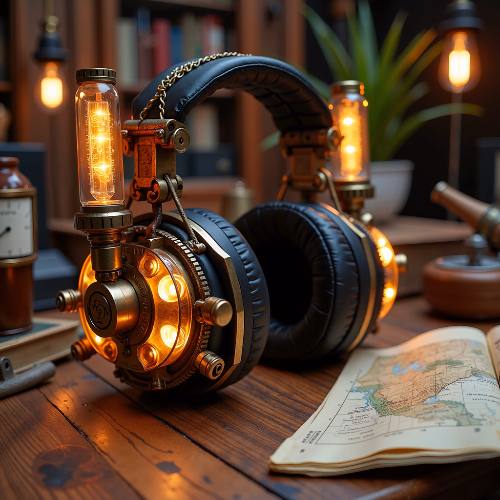 Vintage steampunk headphones with glowing lights and intricate brass details.