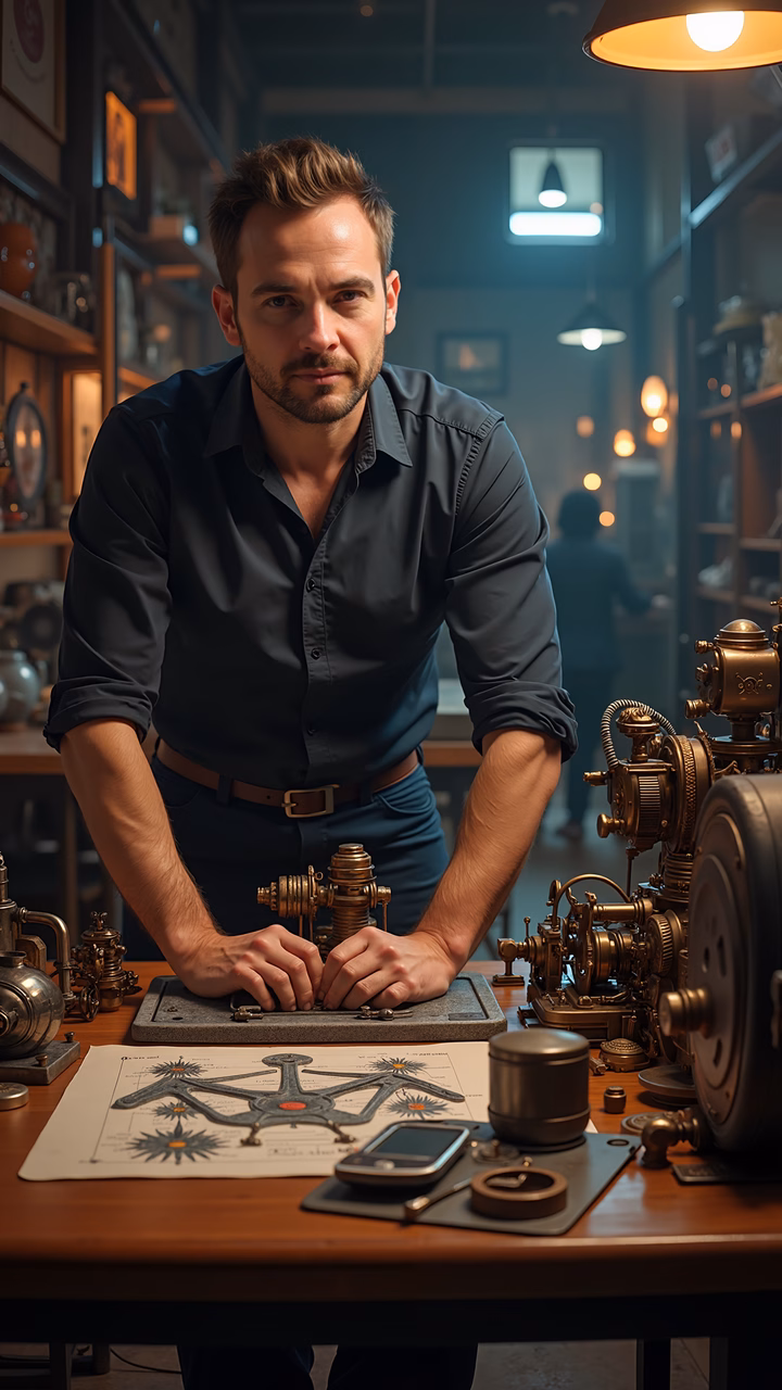 Steampunk inventor in a dimly lit workshop, surrounded by mechanical devices and vintage tools.