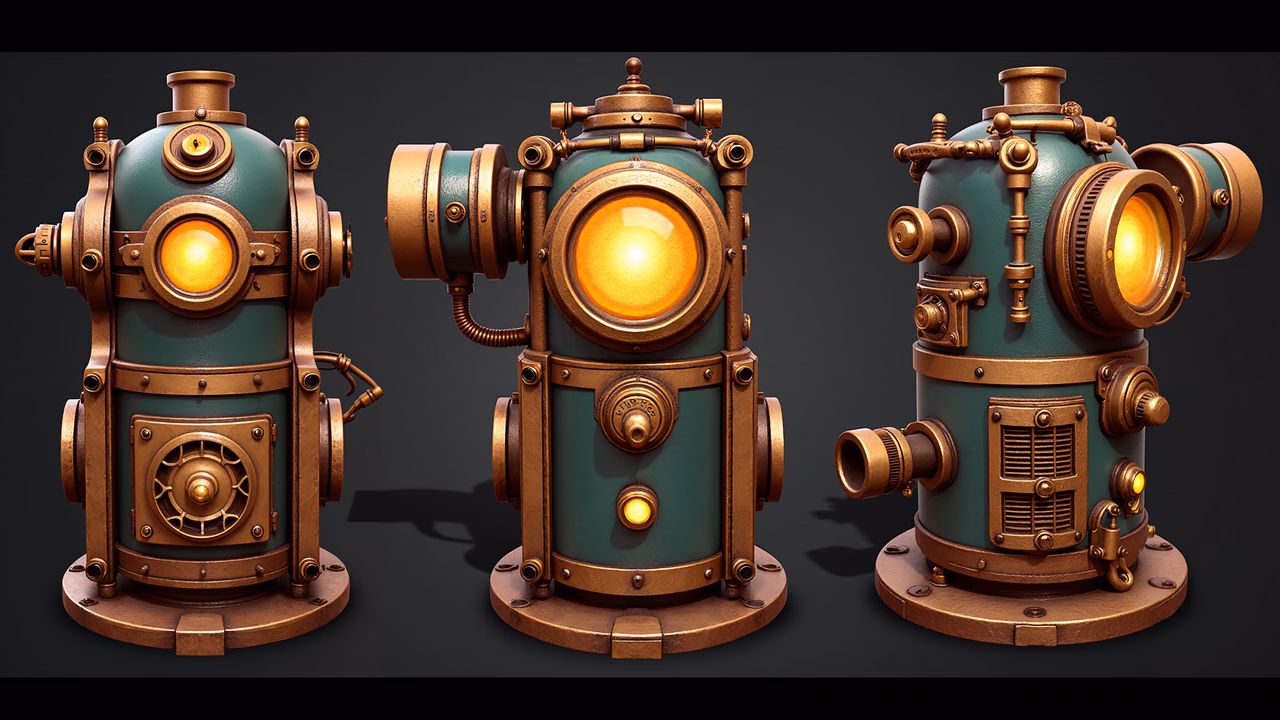 Steampunk submarine helmet with brass details and glowing lights.