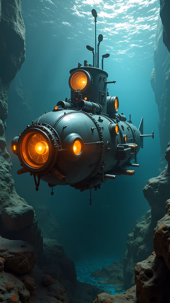 Futuristic submarine exploring an underwater cavern.
