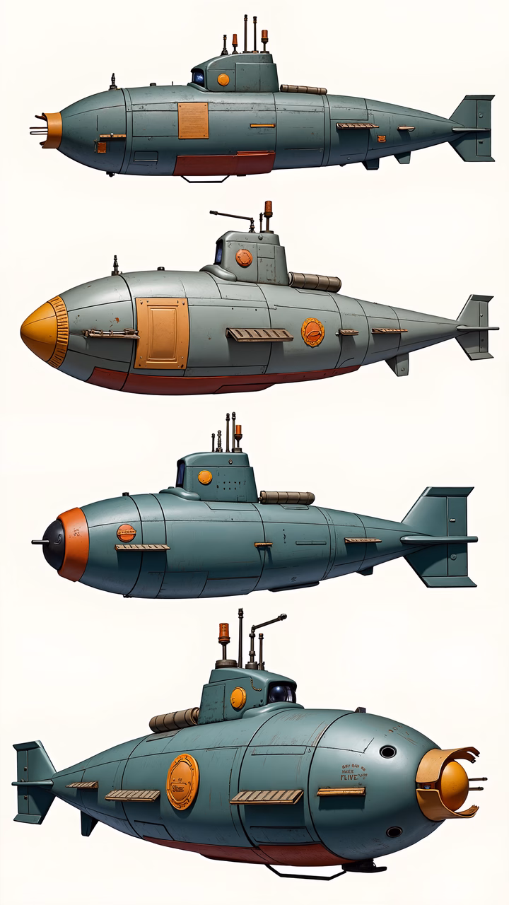 Detailed steampunk-style submarine illustrations with vintage charm.