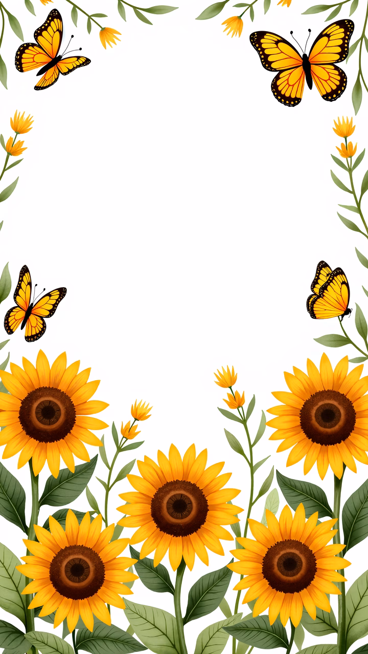 Bright sunflowers and butterflies create a cheerful floral border illustration.