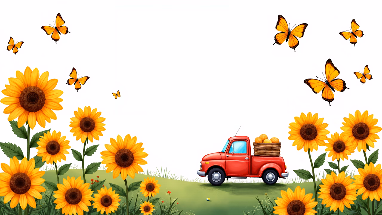 A red truck carrying oranges amidst a sunflower field with butterflies flying around.