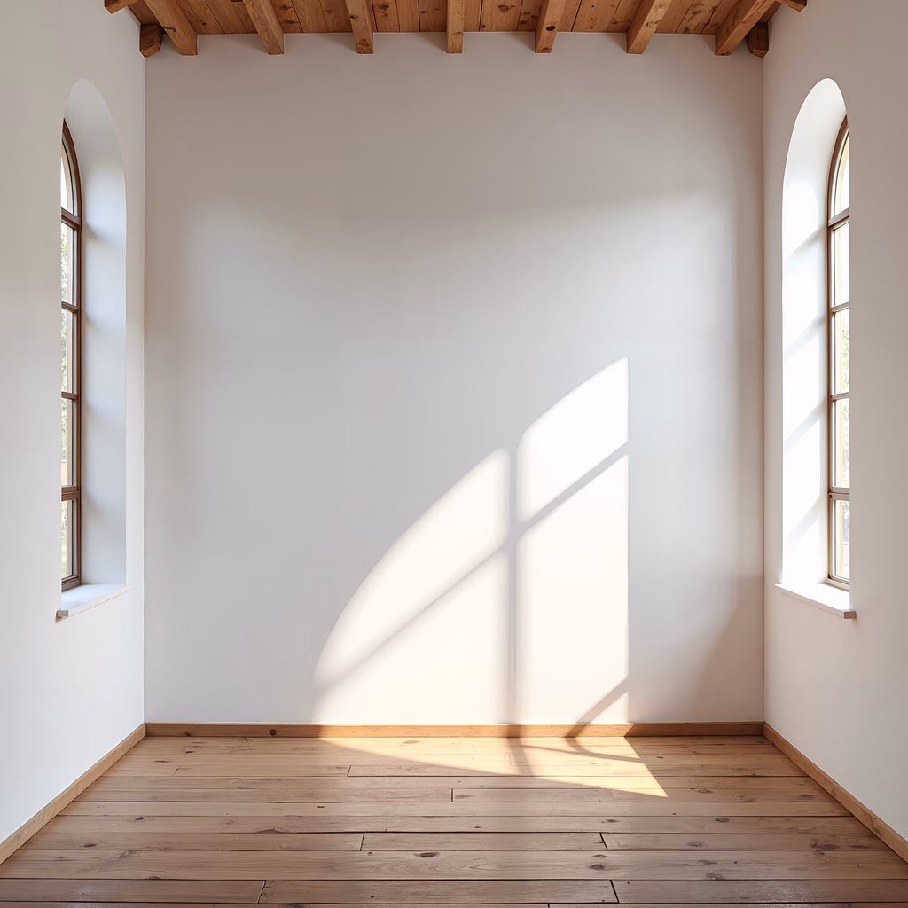 Minimalist interior design with natural light and dynamic shadows.