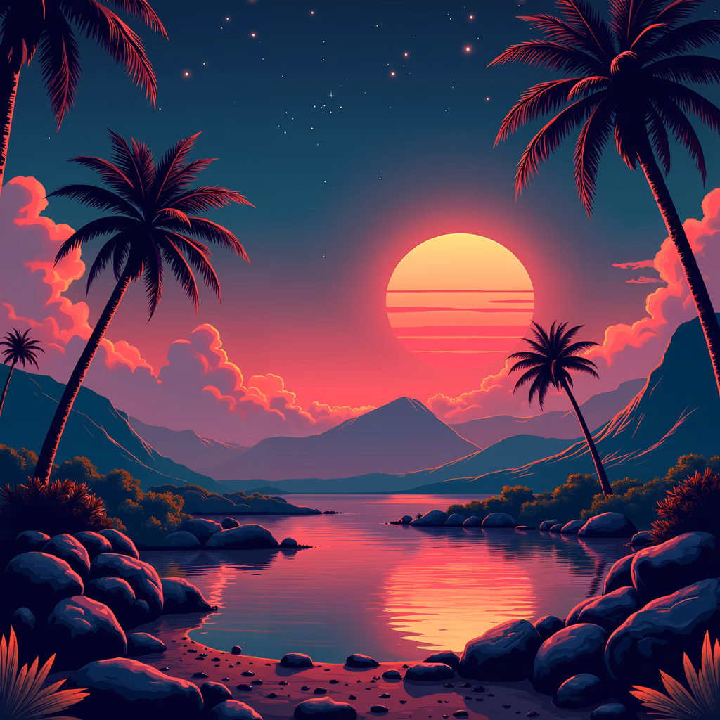 A tranquil sunset beach scene with palm trees and mountains reflected in calm waters.