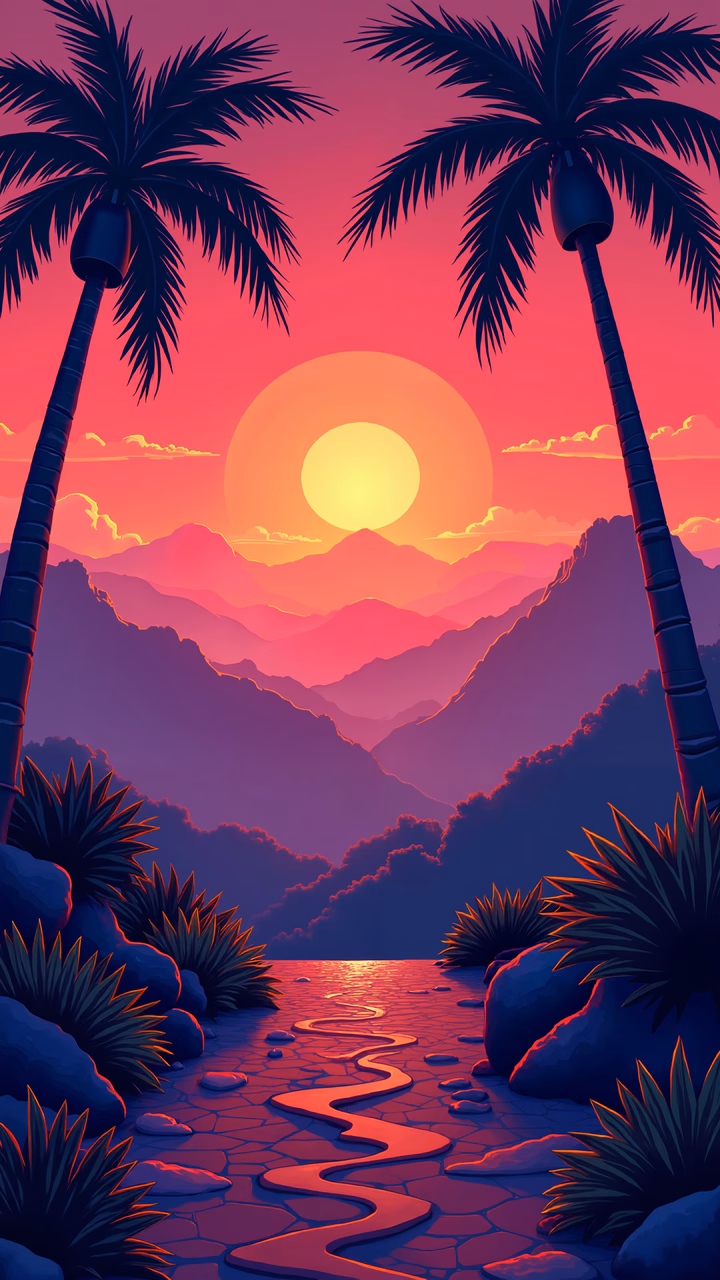 A tranquil sunset scene with palm trees and rolling hills, evoking peace and nostalgia.