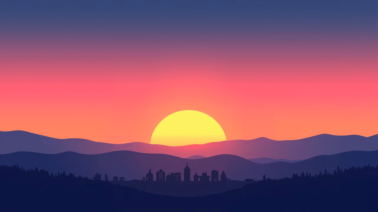Minimalist sunset with vibrant colors and silhouetted landscape