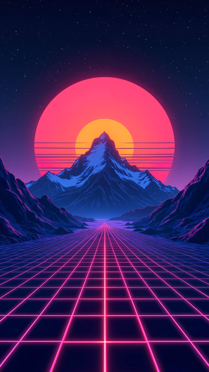 Vibrant retro-futuristic landscape with neon grid and mountainous horizon.