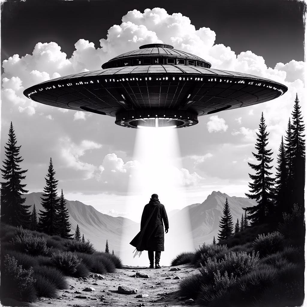 A solitary figure encounters a UFO in a mountainous landscape, evoking intrigue and wonder.