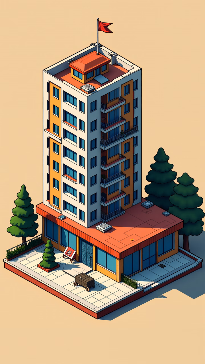 Vibrant illustration of an urban apartment building with a flat roof and red flag, surrounded by greenery under warm sunlight.