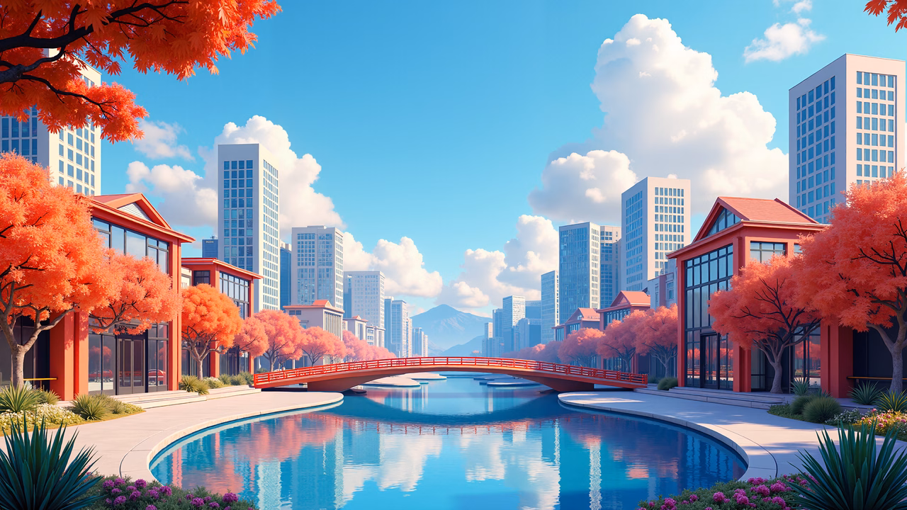 A tranquil urban autumn scene with red maple trees and a reflective canal.