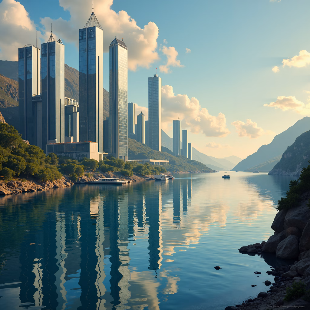 Modern skyscrapers reflecting on a tranquil lake under golden light.