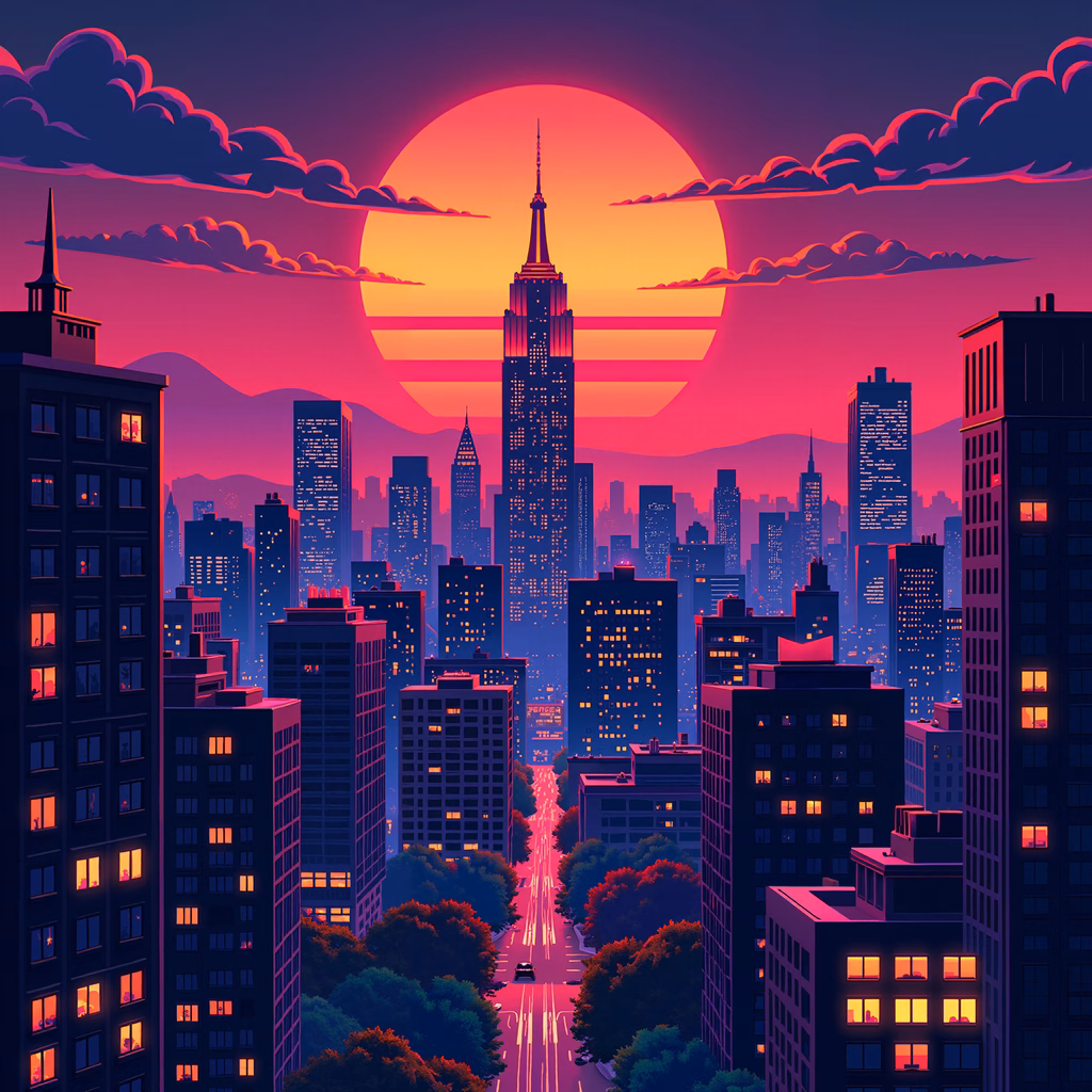 Vibrant urban sunset with glowing windows and a large sun.