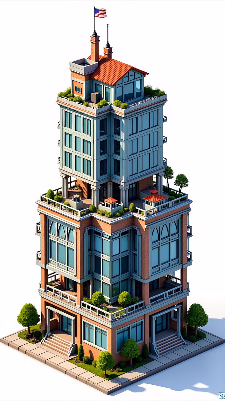 Modern urban architecture with brick and glass details, greenery, and an American flag.