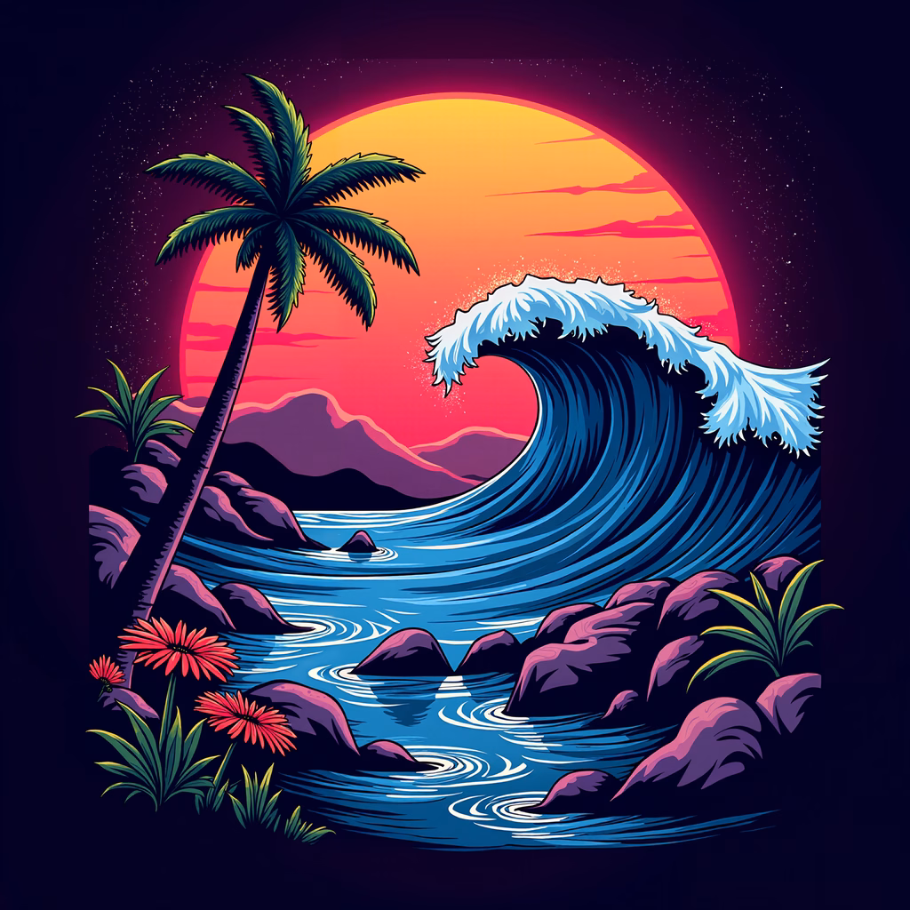 A stunning sunset illustration with a dynamic wave and vibrant colors.