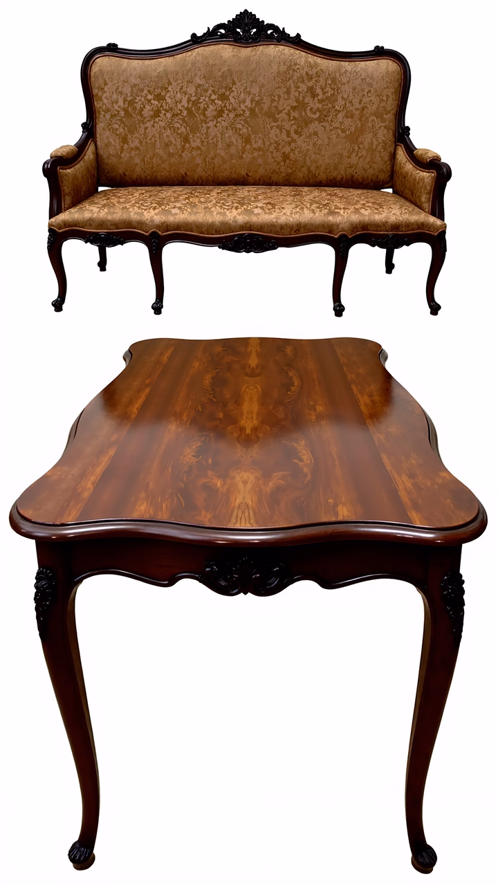 Vintage furniture set with elegant upholstery and detailed carvings.
