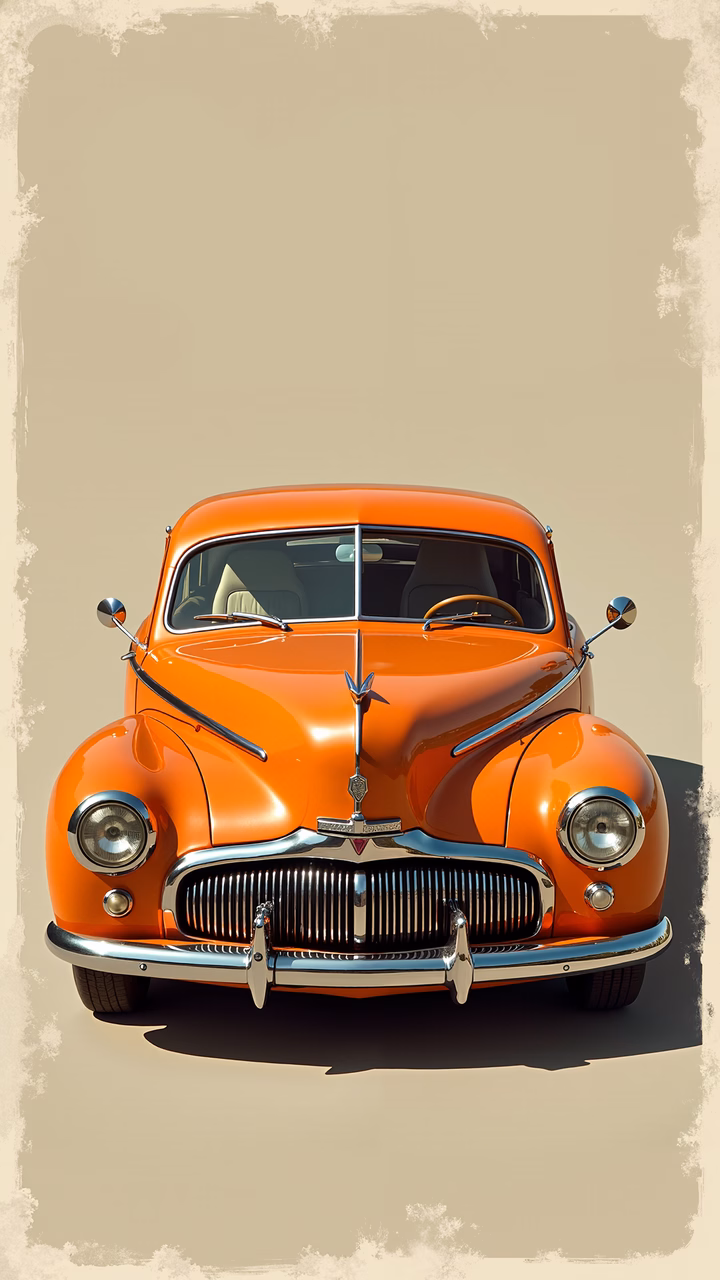 Vintage orange car illustration with classic grille and chrome details.