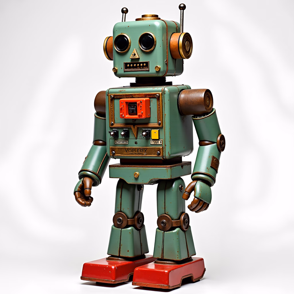 Vintage steampunk robot with mint green and brass details, evoking nostalgia and whimsy.
