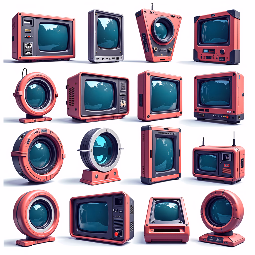 Detailed retro-style televisions in a minimalist setting, evoking nostalgia and showcasing design evolution.