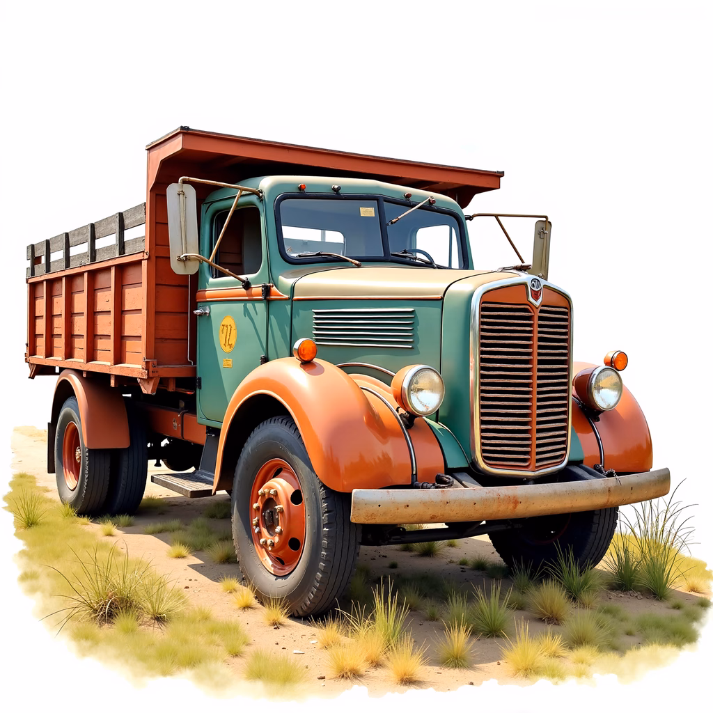 Vintage truck illustration with rustic details and desert setting.