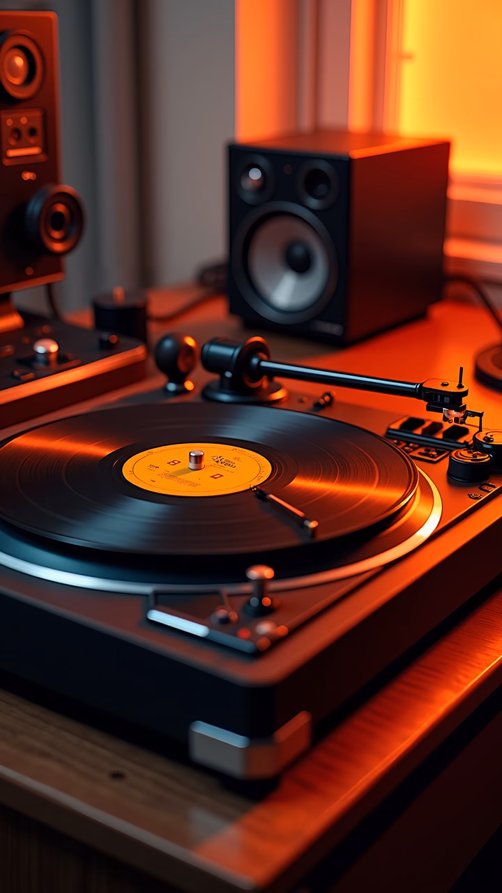 A detailed illustration of a vinyl record player in a warm, nostalgic setting.