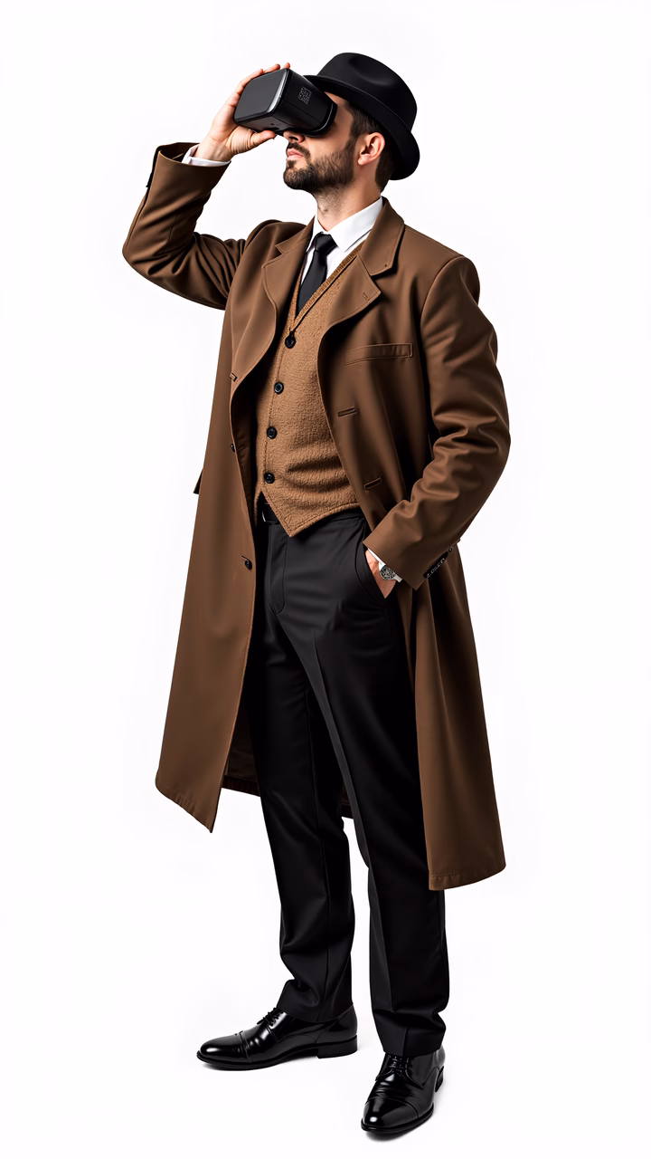 A stylish detective in a brown overcoat exploring virtual reality.