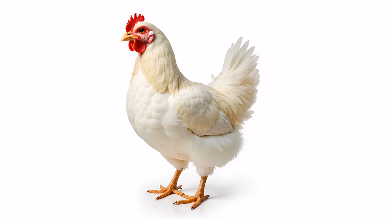 Close-up portrait of a white chicken with red comb and wattle on a white background.