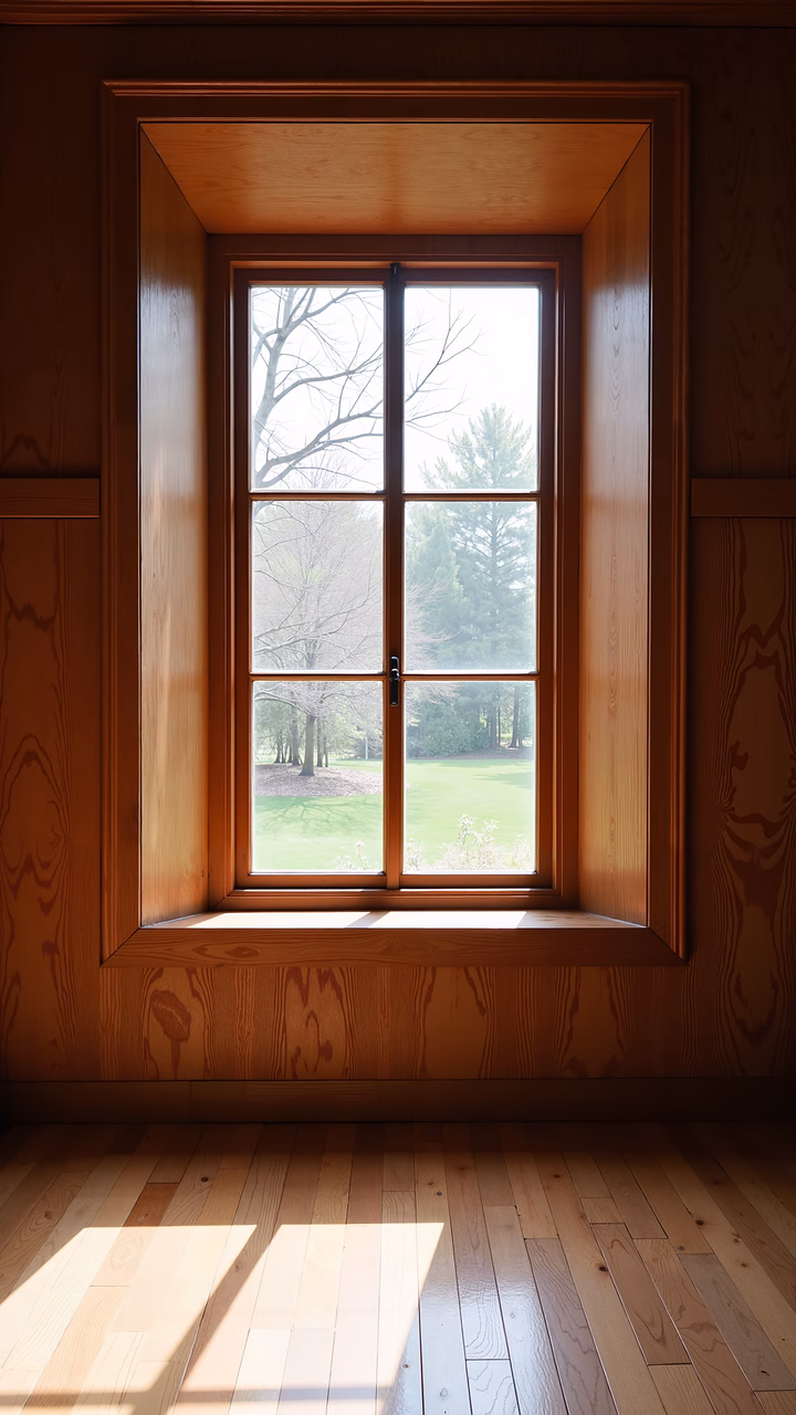 Warm wooden window frame with a peaceful outdoor view, capturing tranquility and natural beauty.