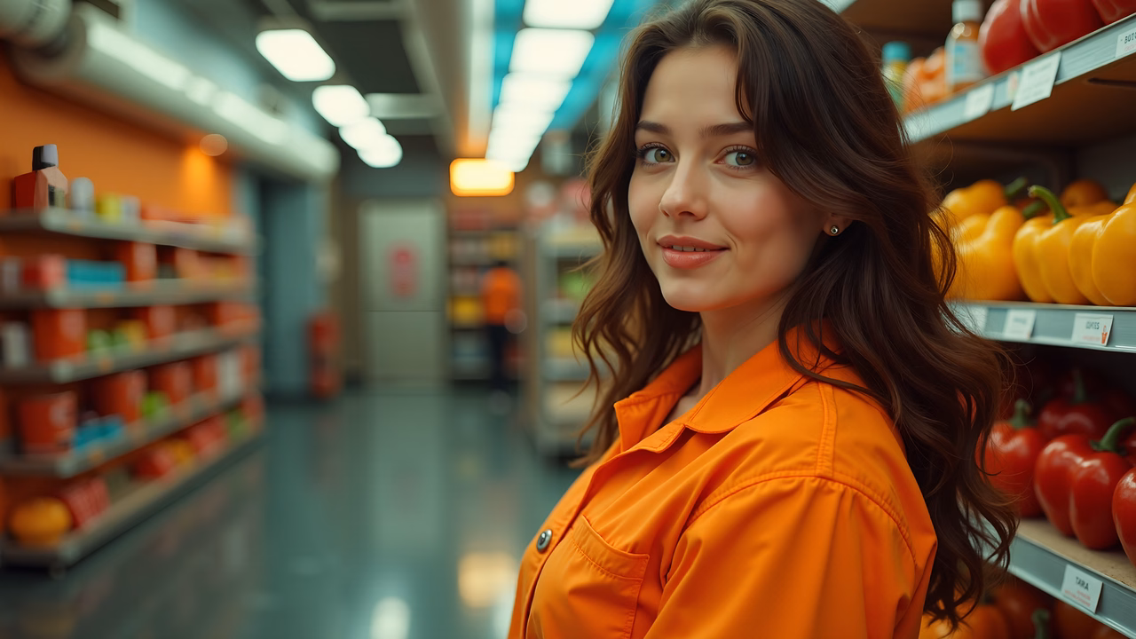 Brightly lit grocery store with a woman in an orange jacket, surrounded by colorful produce.