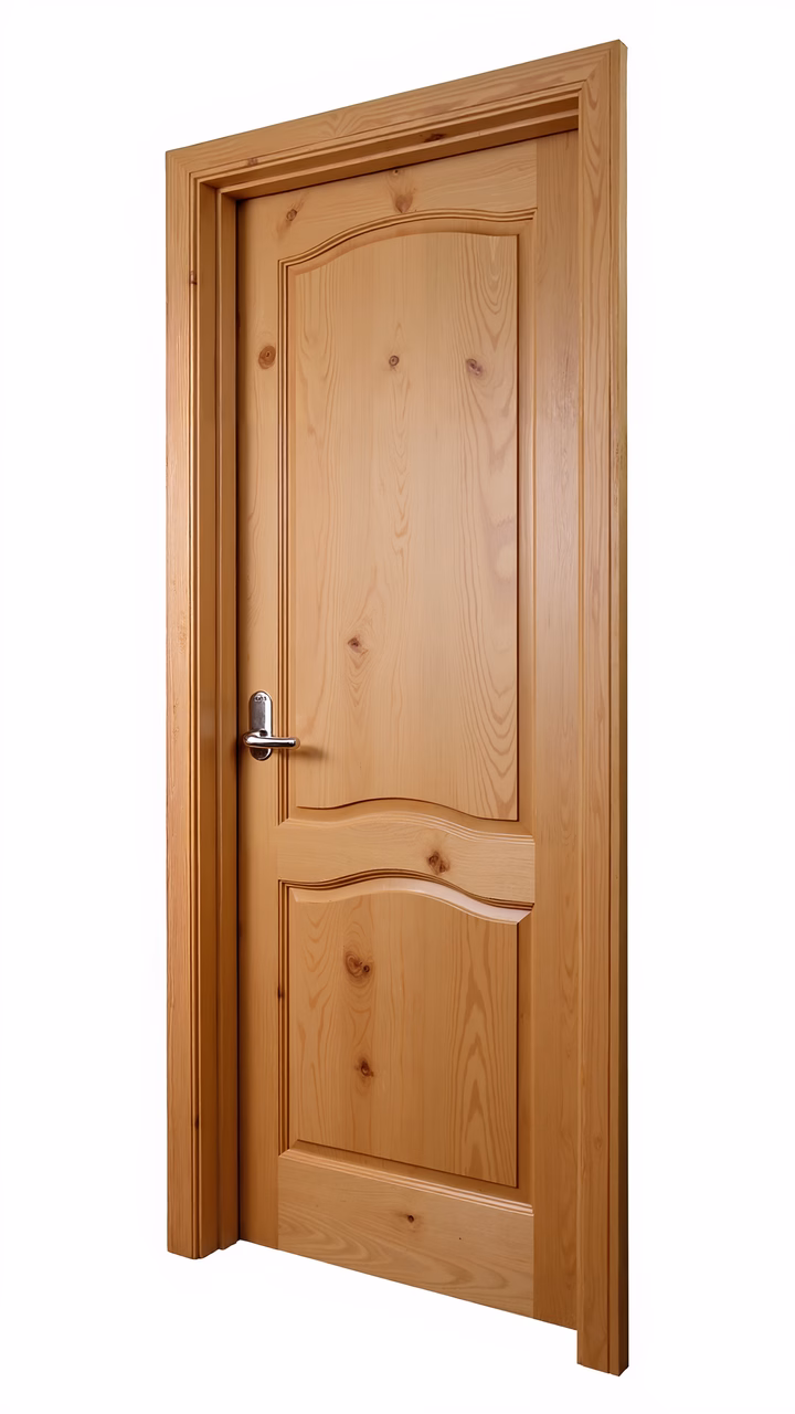 A rustic wooden door with natural finish and curved panels, ideal for interior design.