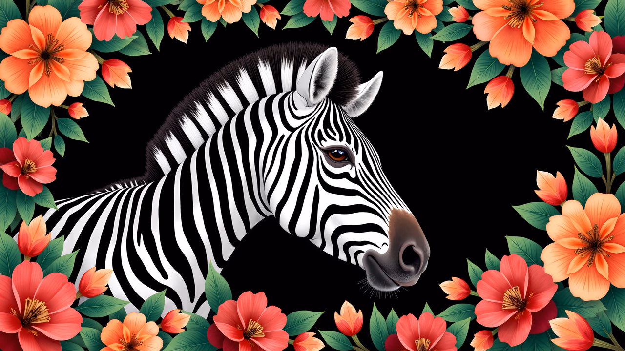 Vibrant zebra illustration with floral frame on black background