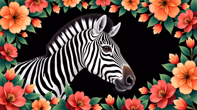 Zebra Illustration with Floral Frame