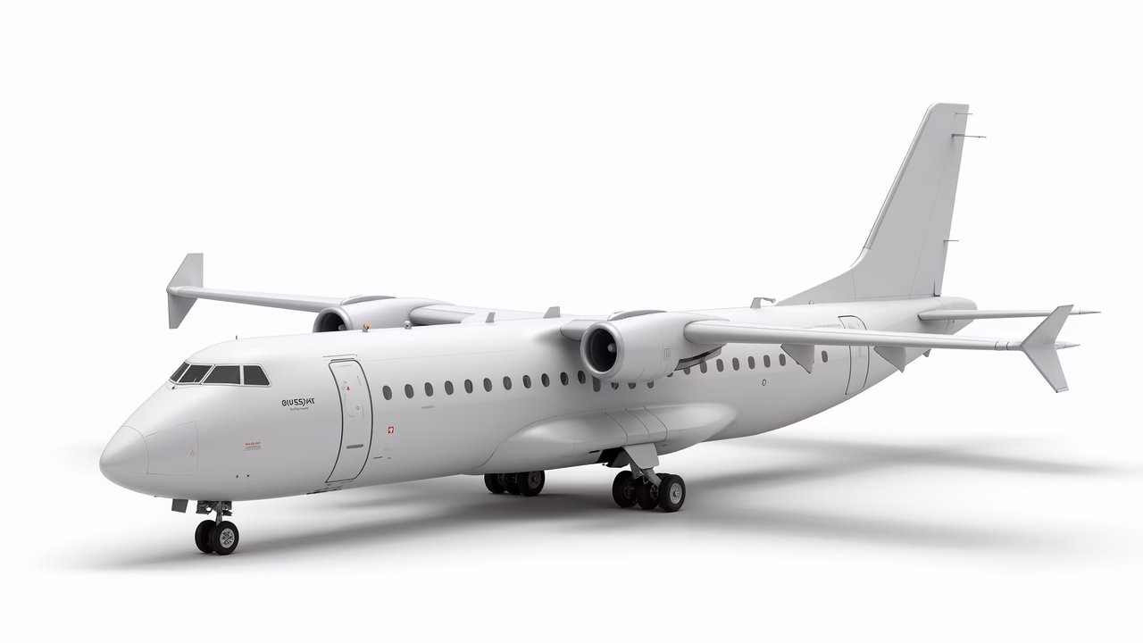 Minimalist airplane illustration with clean lines and precise details.